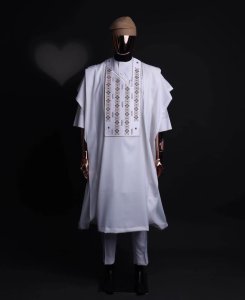 White embroidery Agbada, 3/4 sleeve kaftan & sokoto