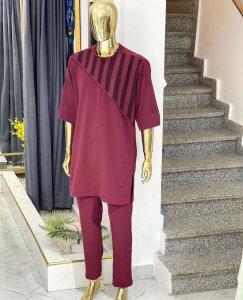 Burgundy embrodery details 3/4 sleeve kaftan native wear